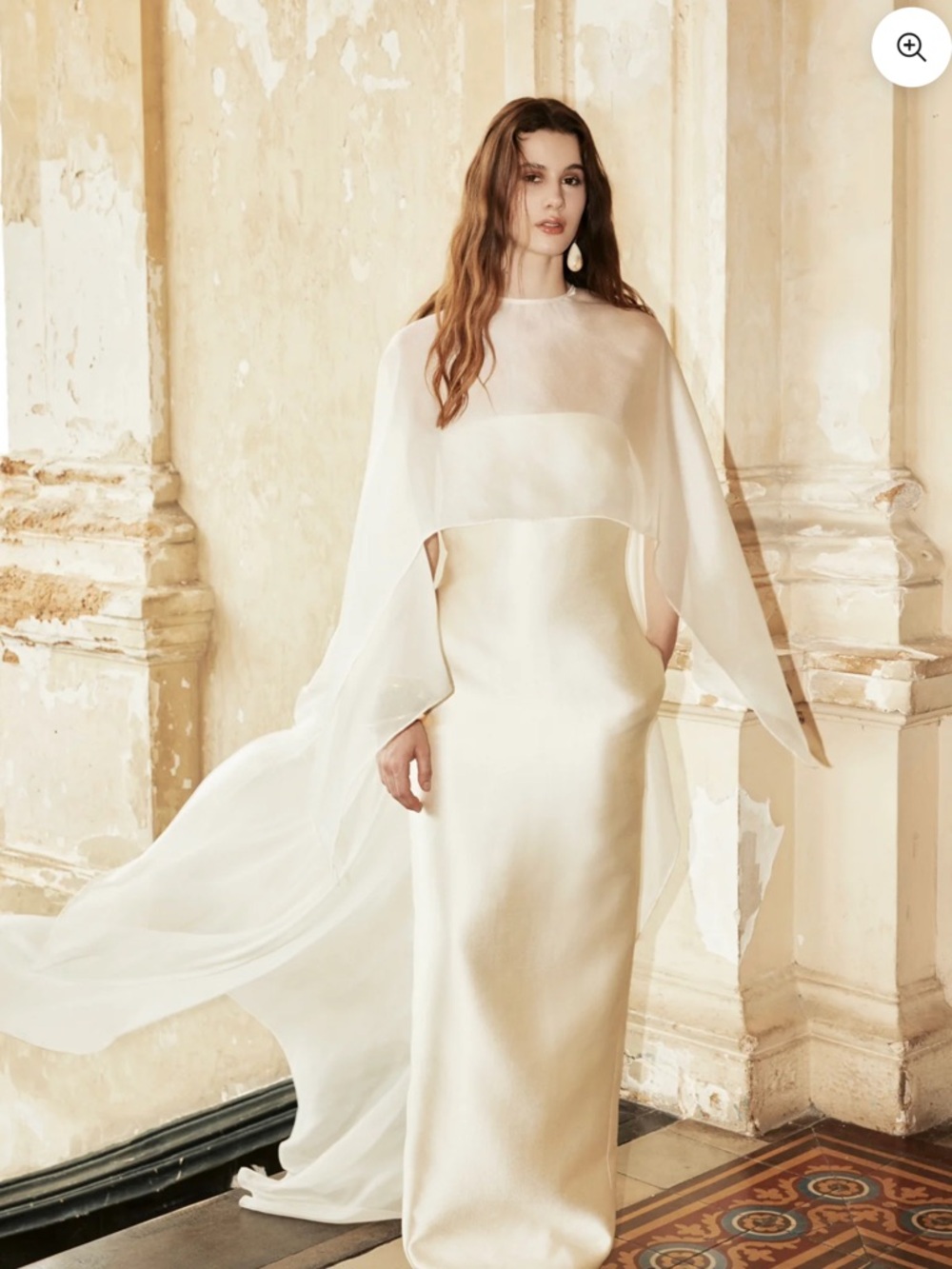 Elegant Ivory Satin Column Dress with Sheer Cape
